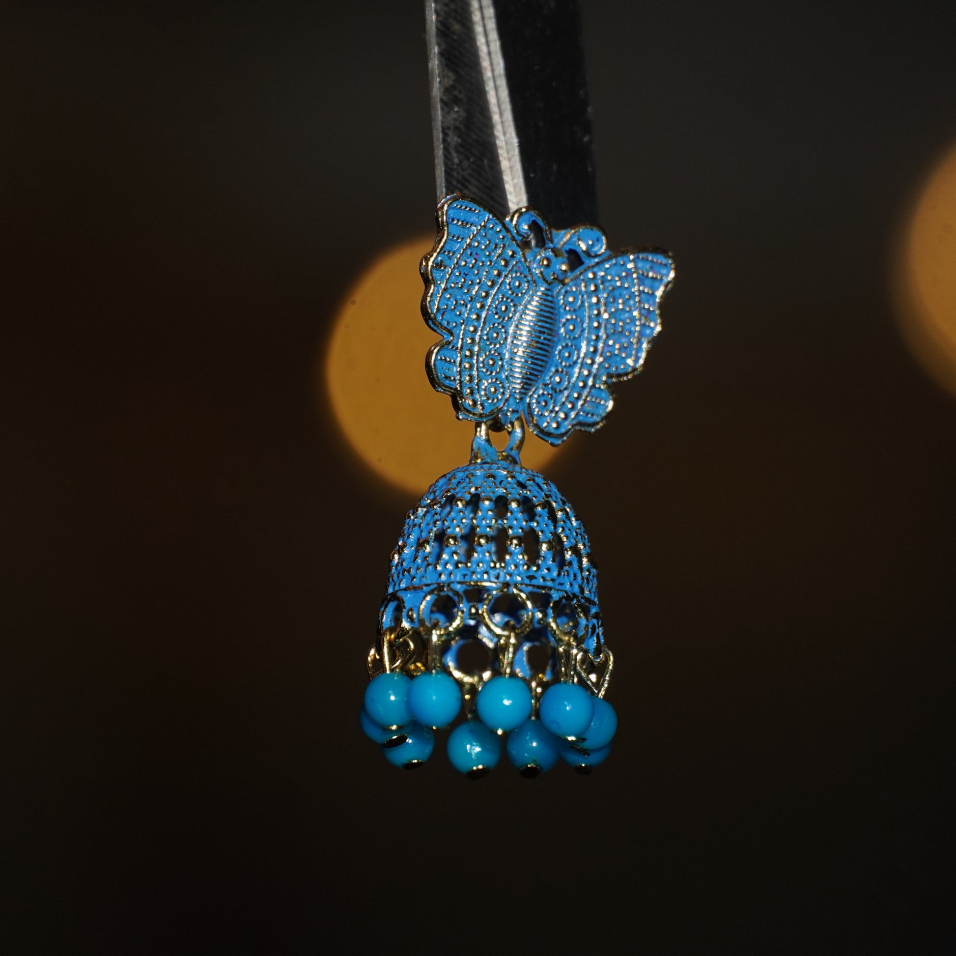 Blue Butterfly Jhumka Earrings with Beaded Drops ā Ethnic Charm