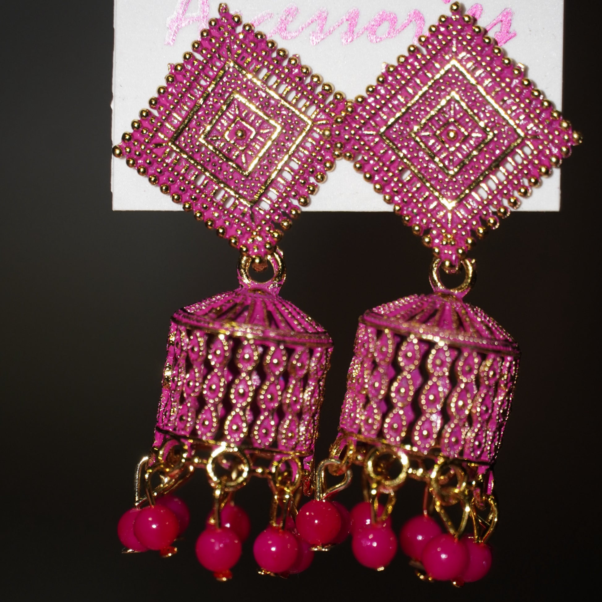 Vibrant Pink Square Top Jhumka Earrings with Beaded Tassels – Ethnic Fusion