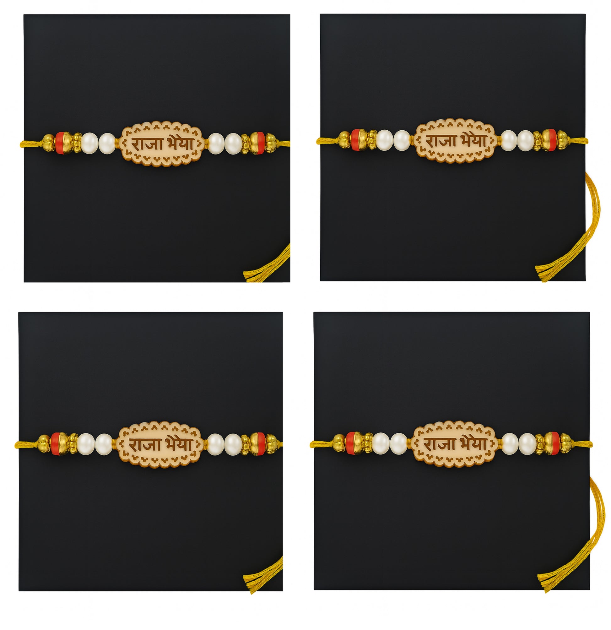 "Premium 'Raja Bhaiya' Rakhi with Beads & Wooden Engraved Centerpiece – Set of 4"