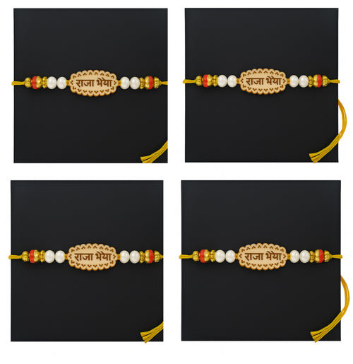 "Premium 'Raja Bhaiya' Rakhi with Beads & Wooden Engraved Centerpiece – Set of 4"