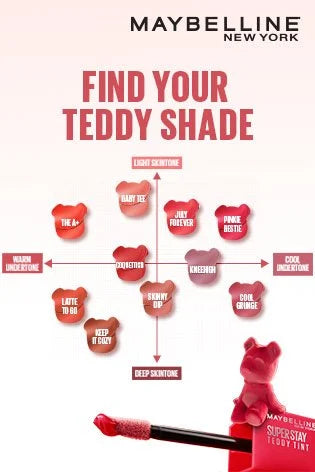 Teddy. Set. Go.y-soft lip tint that stays. Super Stay Teddy Tint delivers up to 12 hours of long-lasting blurred matte lip color. This makeup tints lips for a flush of matte color that lasts all day, no transfer.
