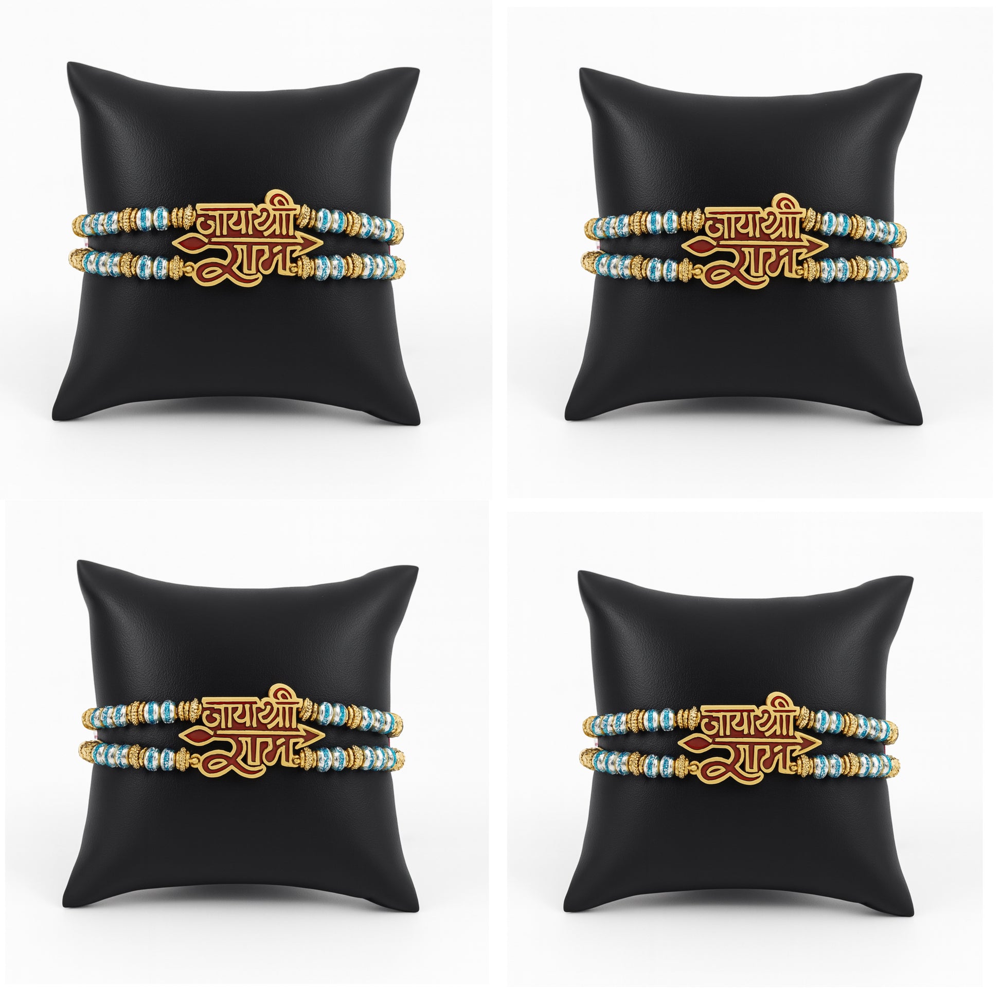 Premium “Jai Shree Ram” Double-Strand Rakhi with Blue Beads – Pack of 4 Rakhis for Bhai