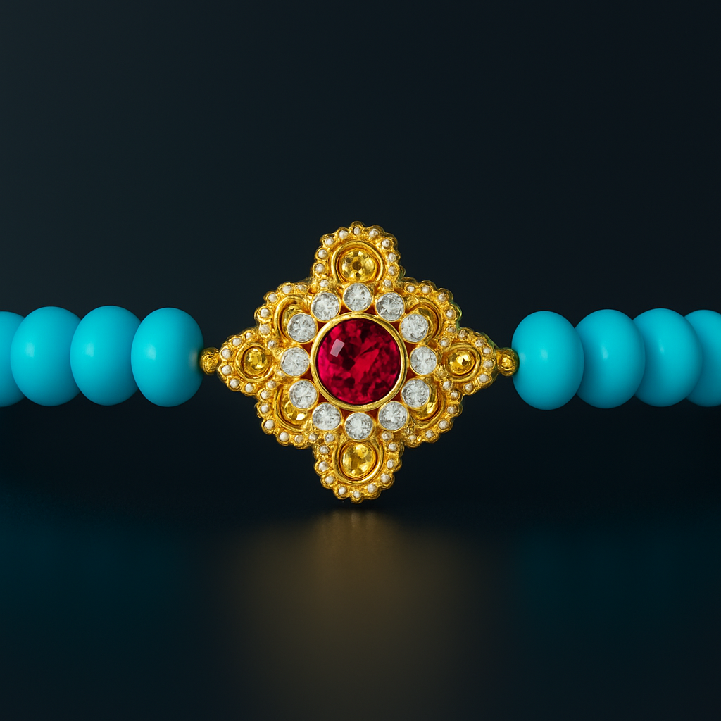 Royal Stone Rakhi with Red Gem & Blue Beads – Designer Rakhi for Brother (1 Pc)