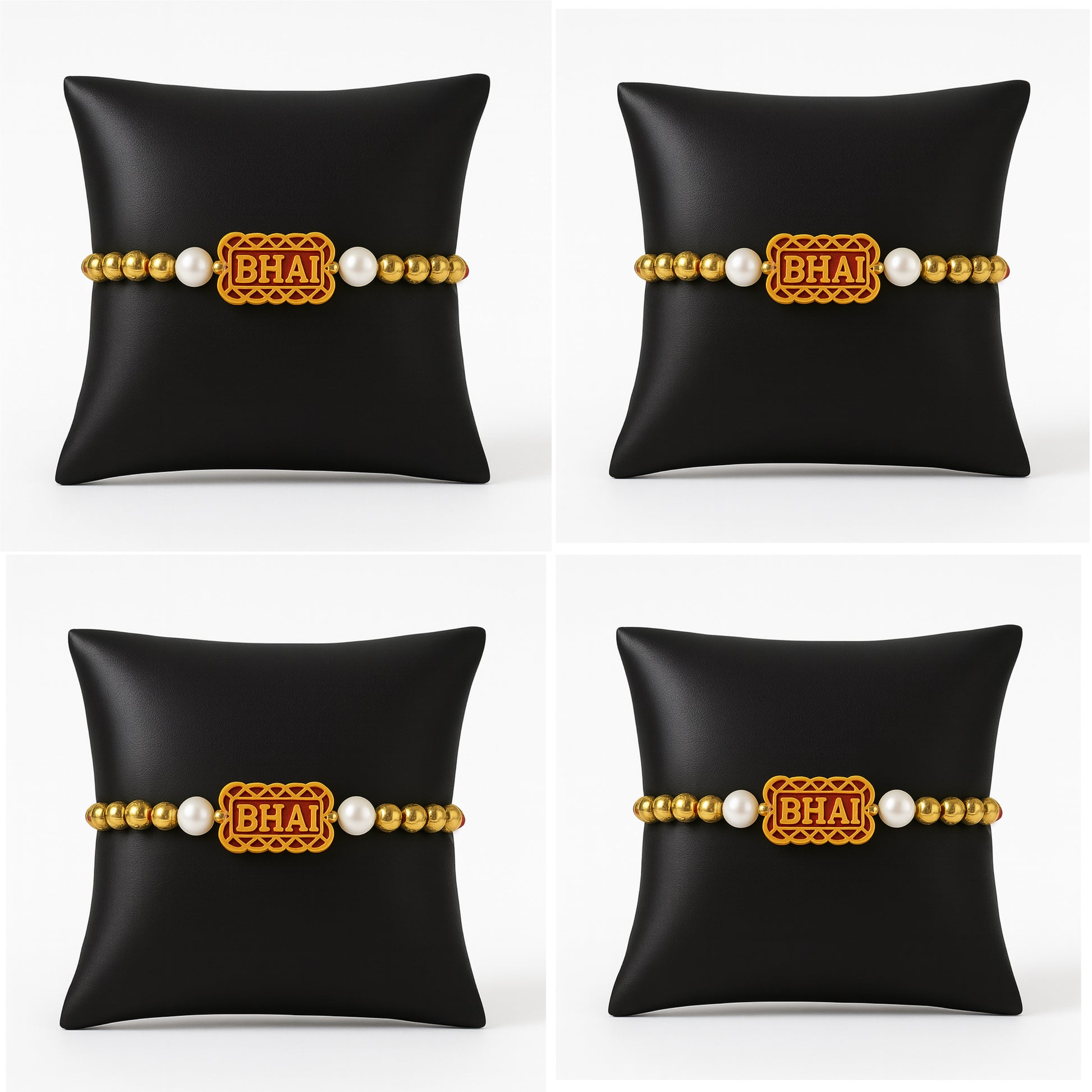 Stylish "BHAI" Rakhi with Golden Beads & Pearl – Pack of 4 Premium Rakhis for Brother