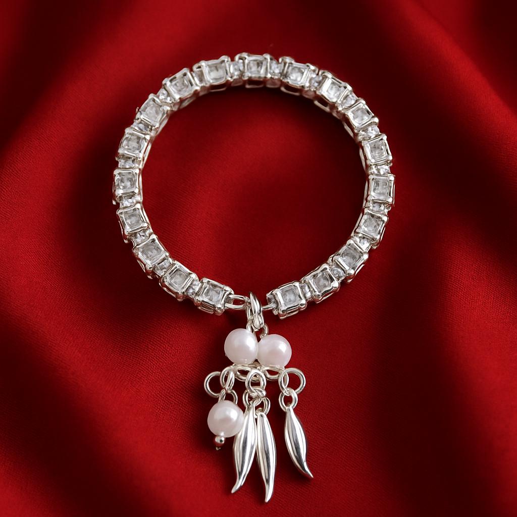Elegant Crystal Bridal Bracelet with Pearl & Leaf Charms – Silver Finish
