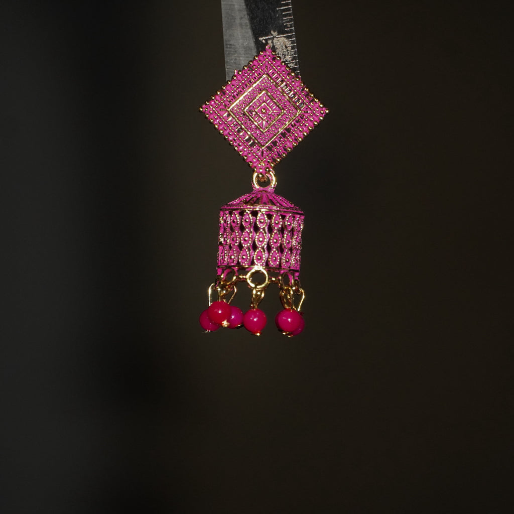 Vibrant Pink Square Top Jhumka Earrings with Beaded Tassels – Ethnic Fusion
