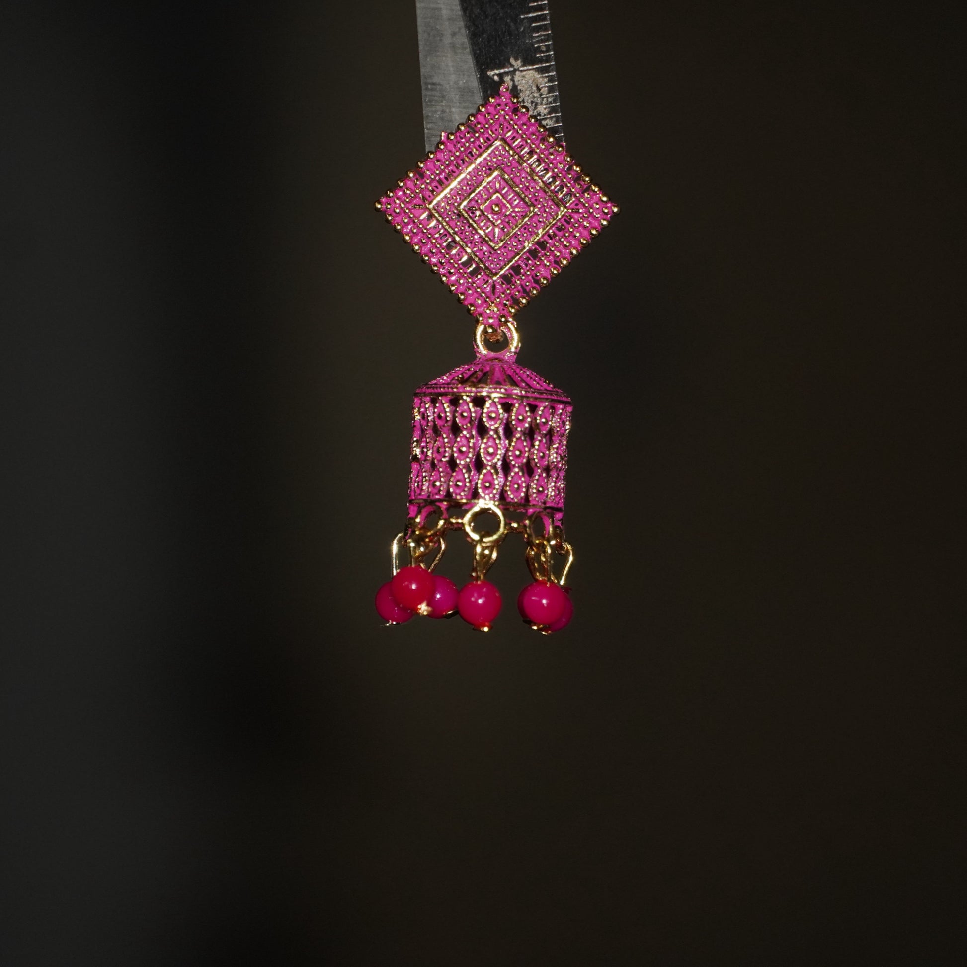 Vibrant Pink Square Top Jhumka Earrings with Beaded Tassels – Ethnic Fusion
