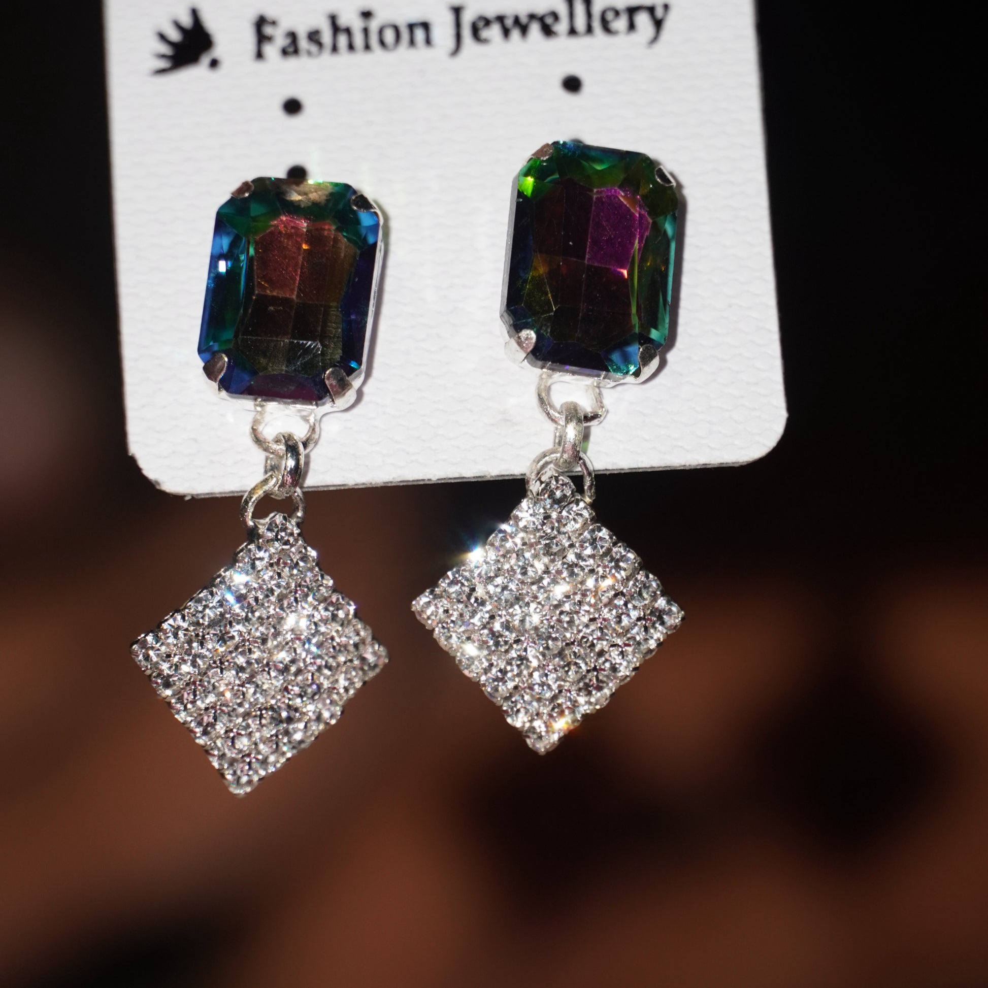 Rainbow Stone & Diamond Drop Earrings – Party Glam Statement