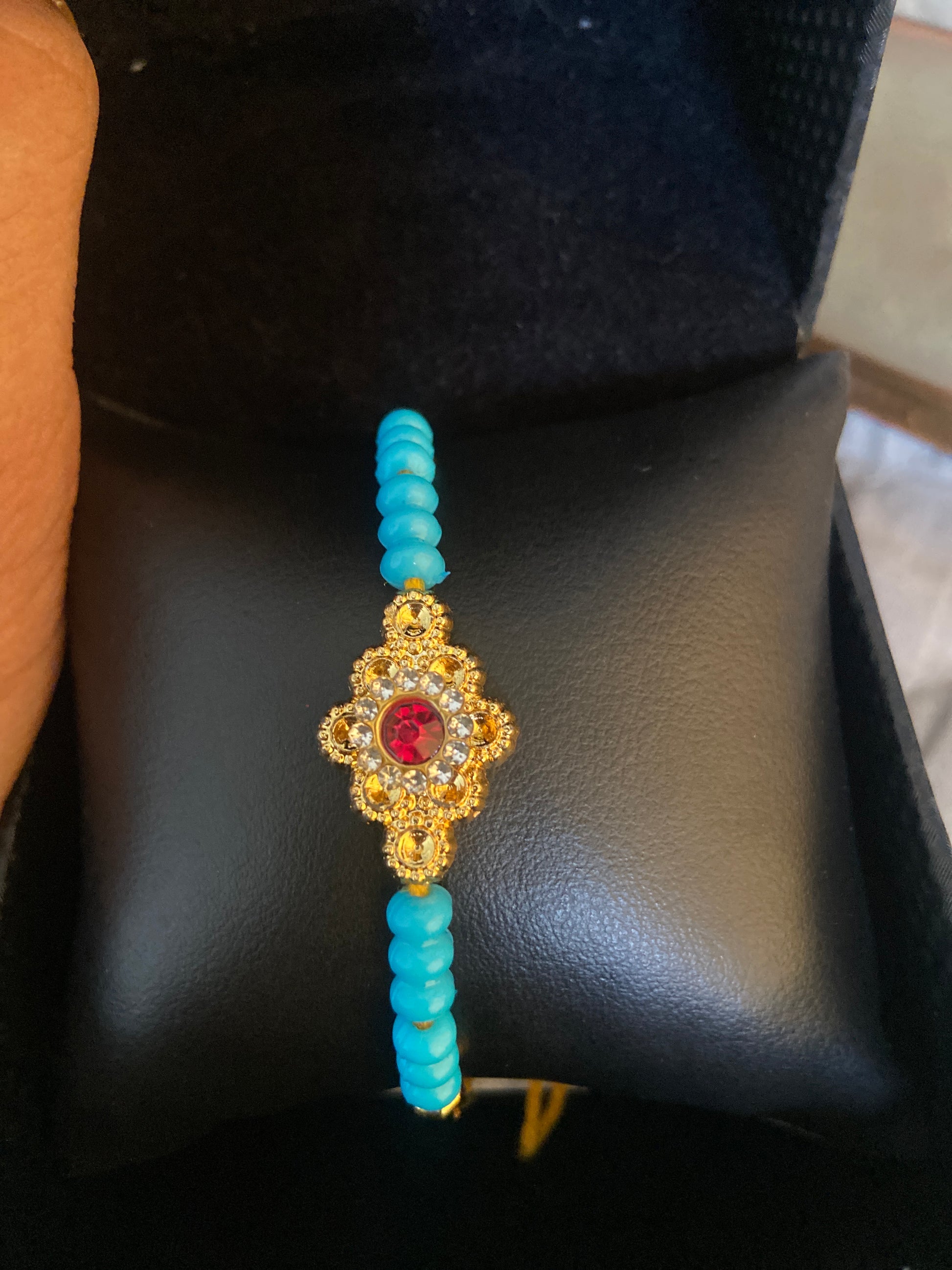 Royal Stone Rakhi with Red Gem & Blue Beads – Designer Rakhi for Brother (1 Pc)