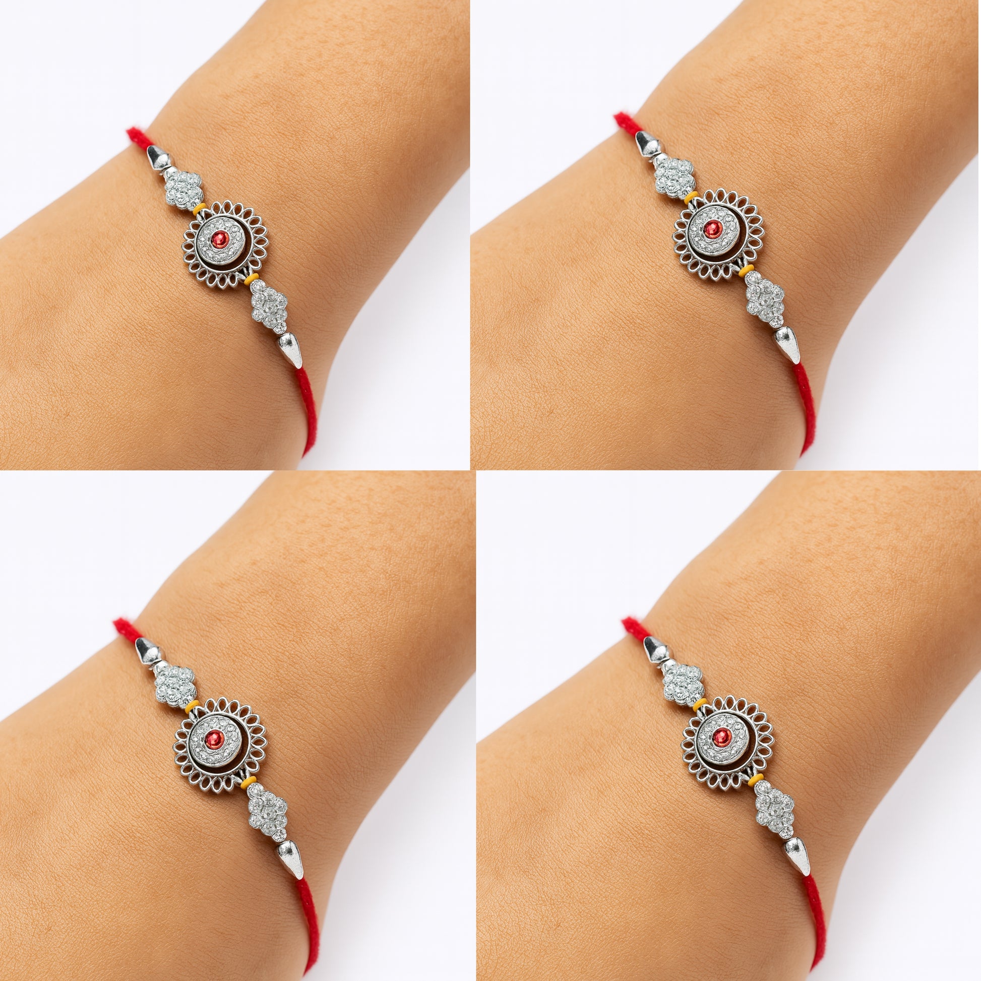 Stylish Silver Floral Rakhi with Red Stone & Diamond Accents – Premium Rakhi for Brother