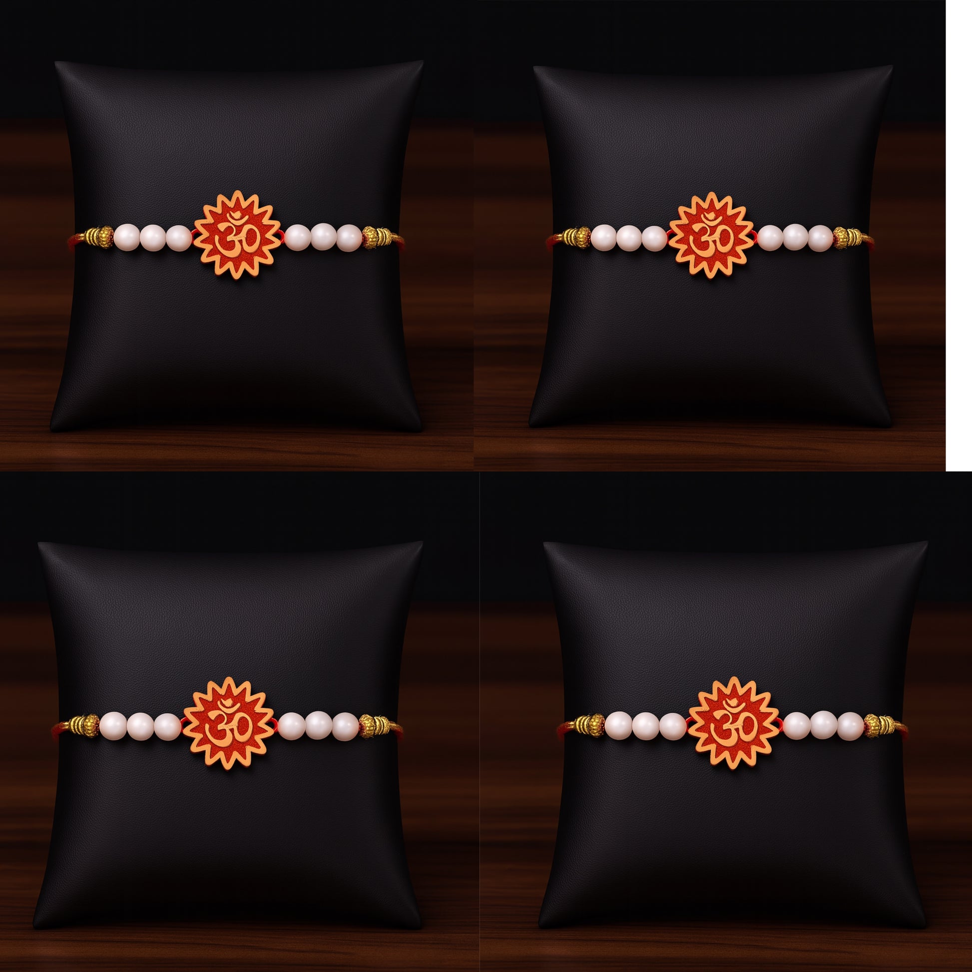 Spiritual "Om" Rakhi with White Beads & Sun Design Centerpiece – Pack of 4 for Brother