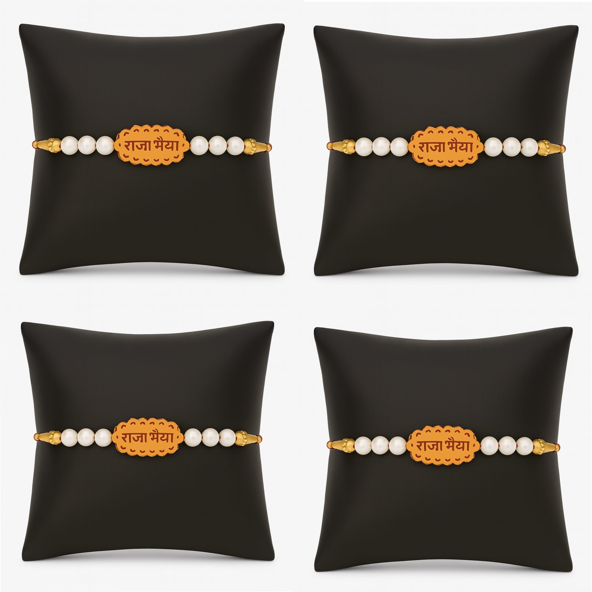 “Raja Bhaiya” Rakhi with White Pearls & Golden Caps – Premium Rakhi Set of 4 for Brother