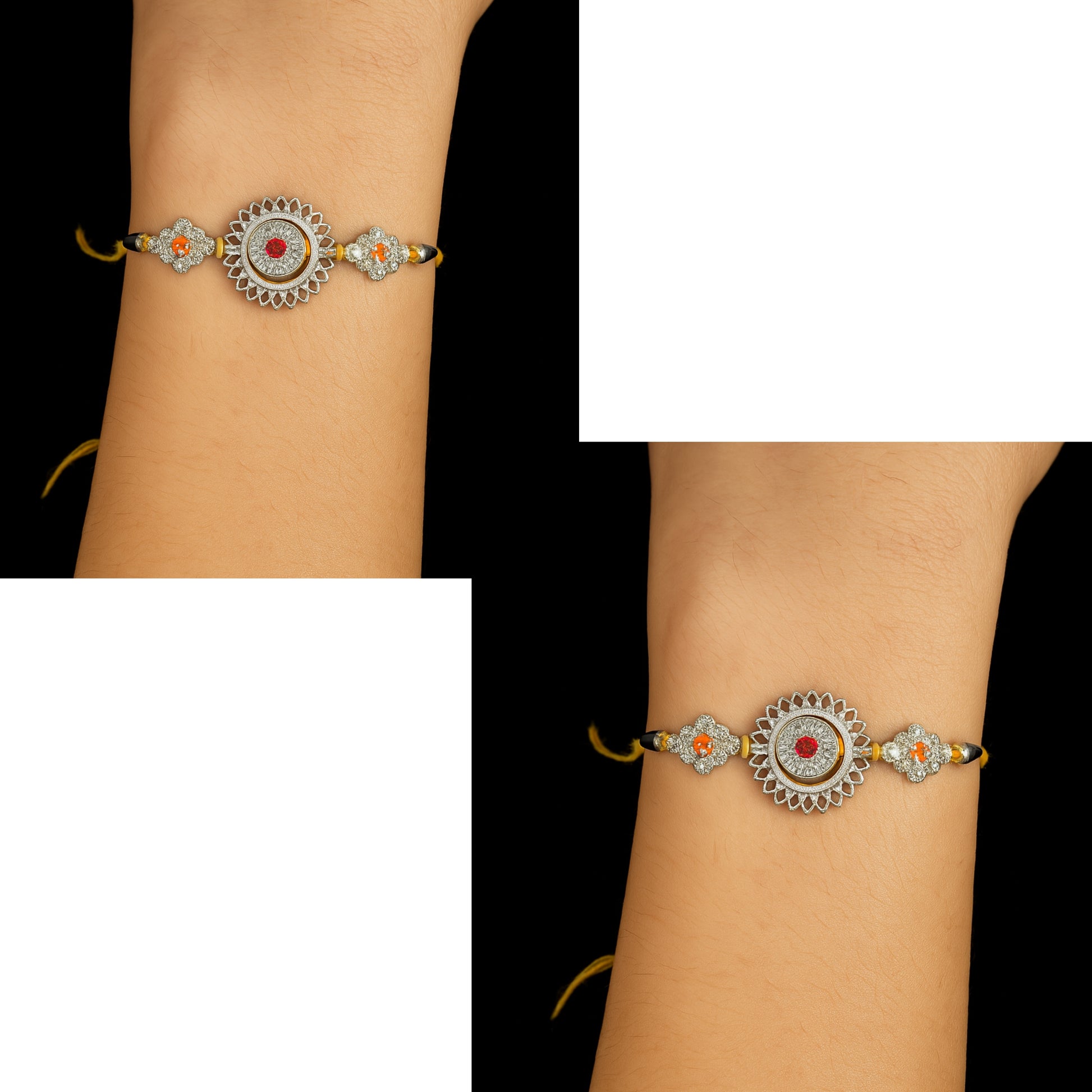 Elegant Silver-Toned Rakhi with Red & Orange Stone Work – Designer Rakhi for Brother