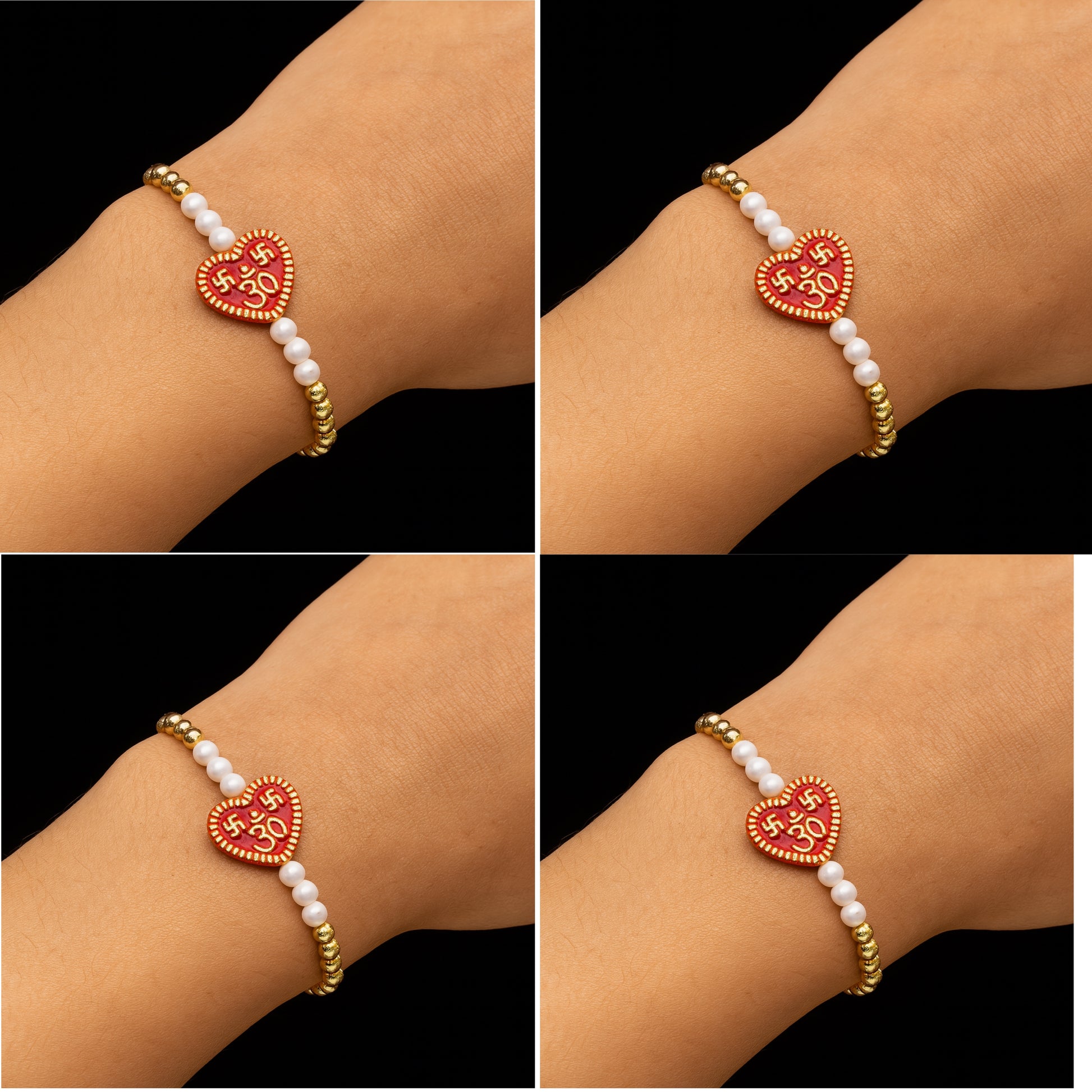 Spiritual Heart-Shaped Rakhi with Om & Swastik Design – Pearl & Golden Beads Rakhi for Brother