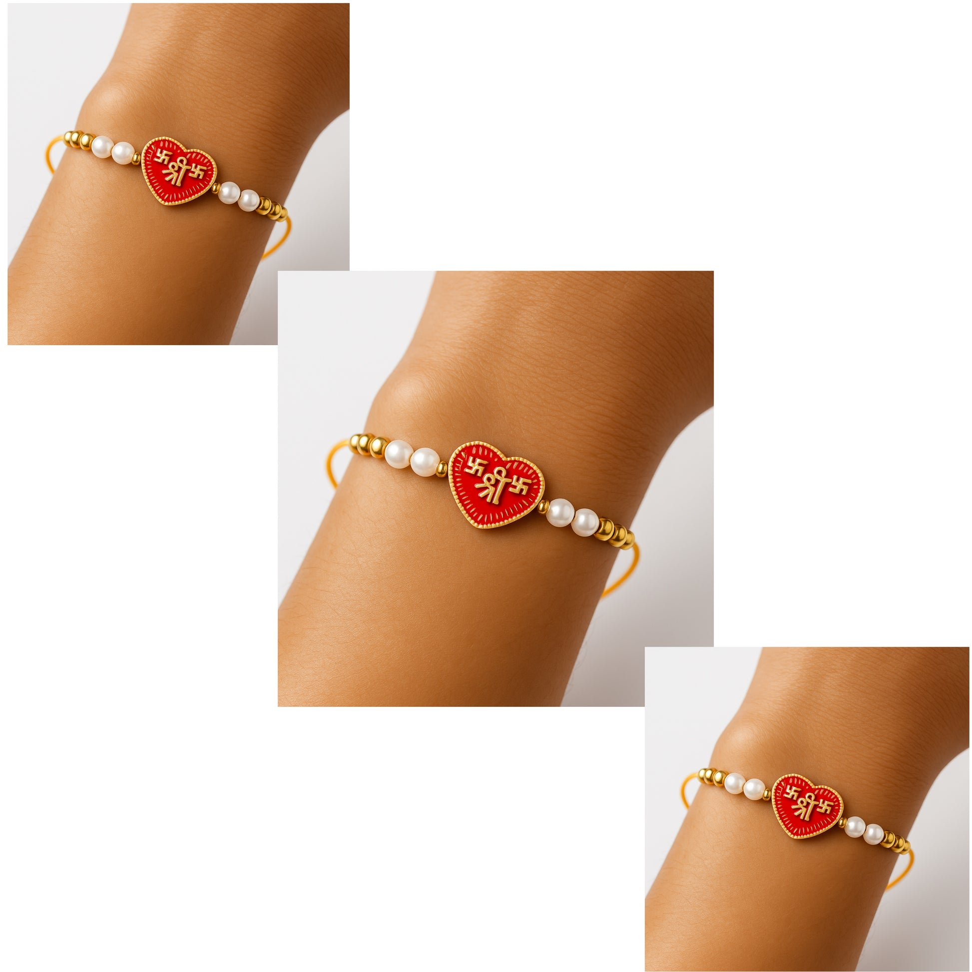 Heart-Shaped "Shree" Rakhi with Swastik Symbol – Pearl & Golden Beads Rakhi for Brother