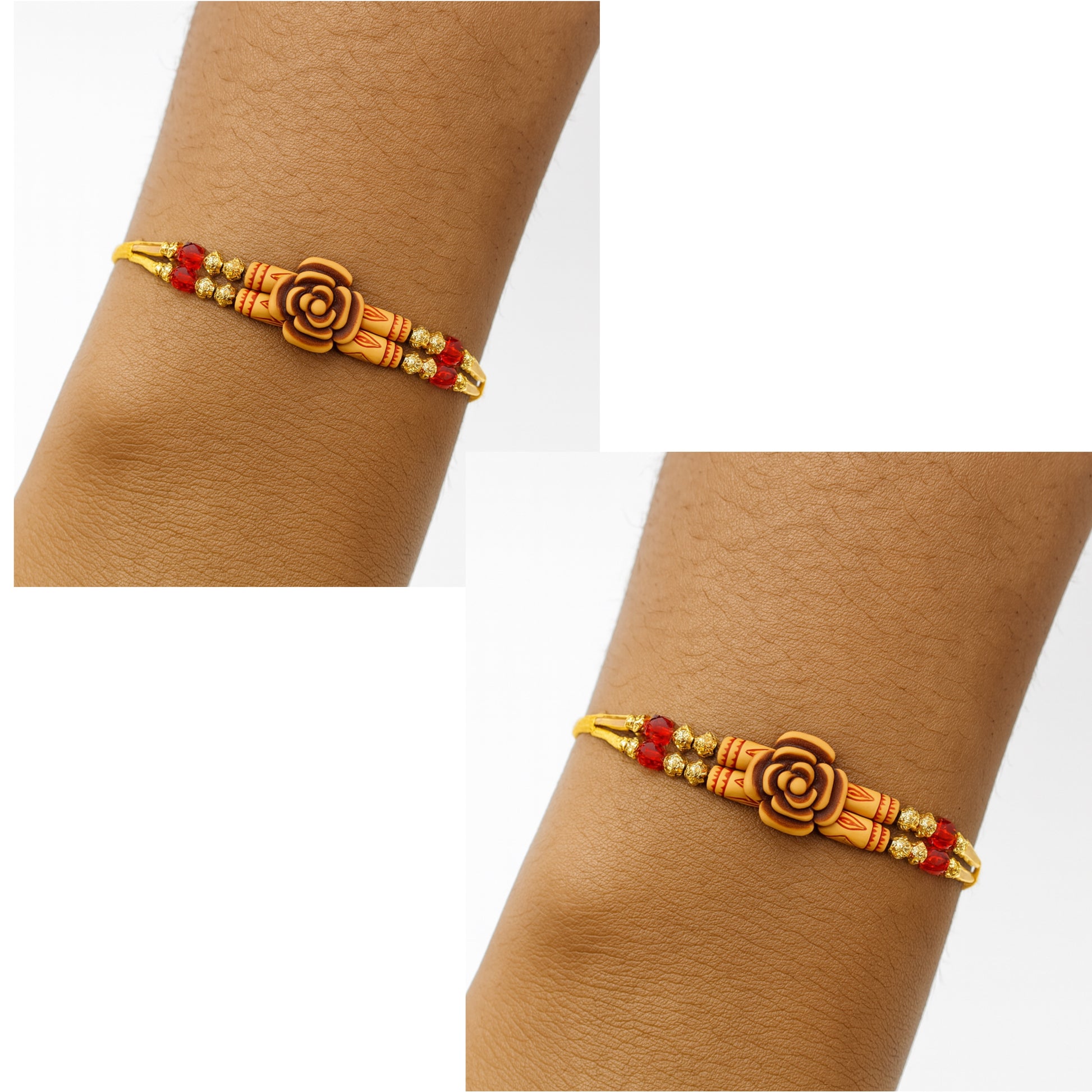 Handcrafted Wooden Rose Rakhi with Red & Golden Beads – Designer Rakhi for Brother