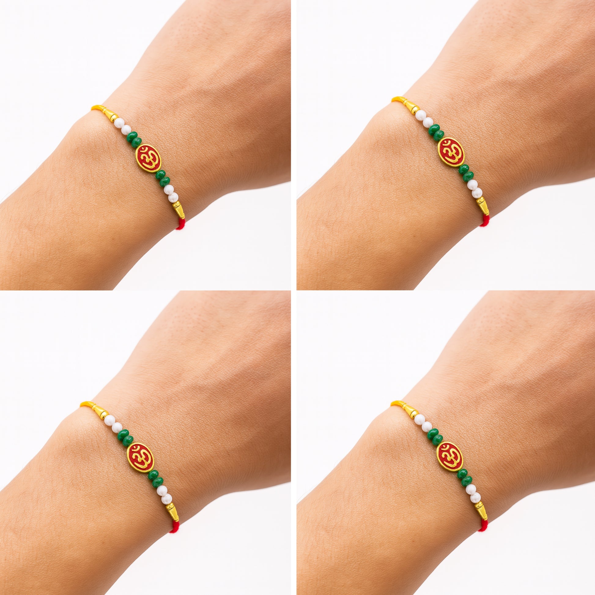 Om Rakhi with Green & White Beads – Multicolor Thread Traditional Rakhi for Brother